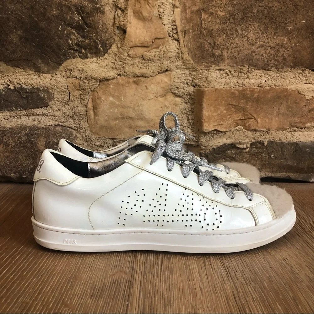 P448 John patent leather / faux fur white sneakers size 38 EU/7.5 Us price firm!